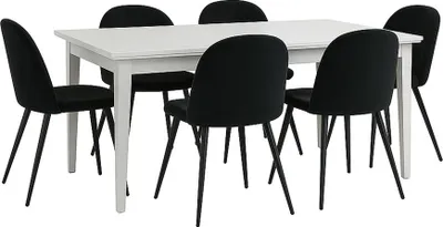 Produktbild von Venedig Essgruppe Tisch weiß 95x180/276 mit 2 Stk. Zusatzplatten 6 Stühlen Velour schwarz.