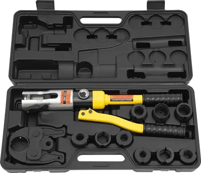 Obrázok produktu pre Hydraulické lisovacie kliešte – ručné, 10 t (10 000 kg) – zdvih 20 mm – 9 lisovacích čeľustí – pre hliníkové, plastové a PEX rúrky – žlté