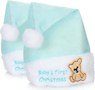 Obrázek produktu pro com-four® 2x vánoční čepice v modré barvě - nápis Baby's 1st Christmas - Santa hat with teddy bear motive - bobble hat for Christmas
