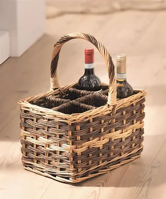 Image de Panier à bouteilles "Nature" en osier, clair & foncé, pour 6 bouteilles, porte-bouteilles, porte-bouteilles, panier à boissons