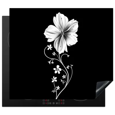 Produktbild von KitchenYeah© Herdabdeckplatte Blume - Schwarz - Weiß , 57x51cm, Küche Deko, Glaskeramikkochfeld Herdabdeckung, Abdeckplatte fùr Kochfeld