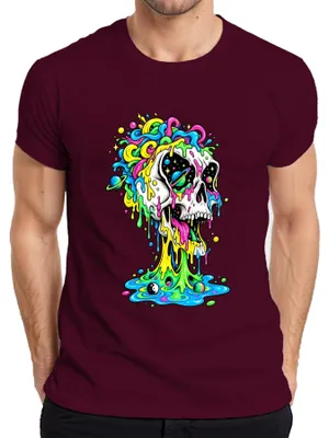 Produktbild von Psychedelischer Totenkopf Bunt Schmelzend Space Galaxie Skull Herren T-Shirt, Burgundy, L