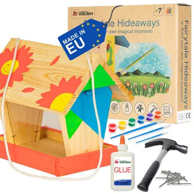 Produktbild von ITA DIY Futterhaus für Vögel zum Zusammenbauen und Bemalen FlybyFeeder - Vogelhaus Komplett Bausatz mit Hammer, Nägeln, Farben zum Bauen und Malen für Kinder - Bastelset für Jungen & Mädchen