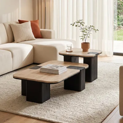 Produktbild von Couchtischset SURAT/DELHI mit Tischplatte aus Travertin, Beige/Schwarz - Stilvolle Wohnzimmertische aus massivem Mangoholz, Zeitloses Design, Ideal als Coffee-Table oder Beistelltischset.