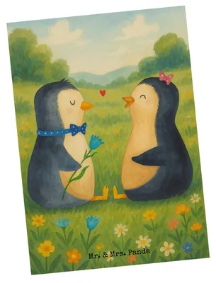 Produktbild von Mr. & Mrs. Panda Postkarte Pinguin Pärchen Design - Weiß - Geschenk, einzelkarte, Postkarten, Grußkarte, Ansichtskarte, Hochzeitstag, Hochzeit, Ansichtskarten, Verknallt