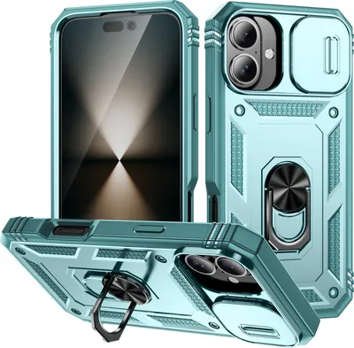 Obrázek produktu pro Pouzdro pro iPhone 16 posuvná ochrana kamery, robustní nárazuvzdorné, s držákem prstenu, stojánkem a držákem na karty zelené
