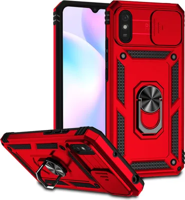 Image de Étui pour Xiaomi Redmi 9A étui double couche avec couvercle coulissant pour appareil photo et anneau de support rouge