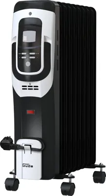 A black and white oil-filled radiator with a digital display and controls.