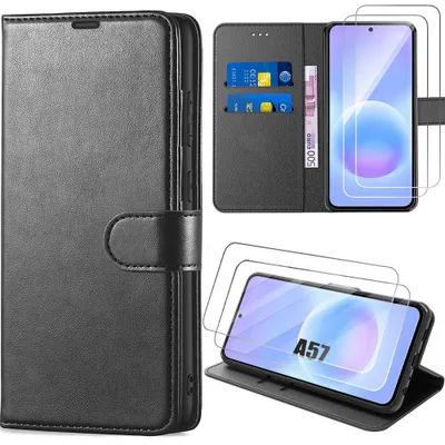 Image de Coque + 2 Verres Trempés pour Samsung Galaxy A57 5G, Protection Intégrale Anti-Rayures CuirPolyuréthaneNoir