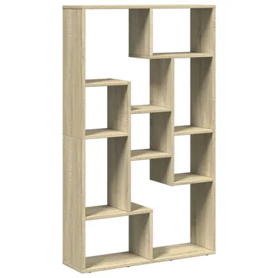 A freestanding bookshelf with multiple open compartments.