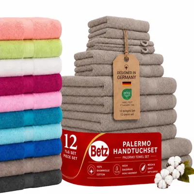 Produktbild von Betz Palermo Handtuch-Set 12-teilig – 100% Baumwolle – saugfähig & weich – hohe Grammatur– Duschtücher, Handtücher, Gästetücher, Waschhandschuhe-stone