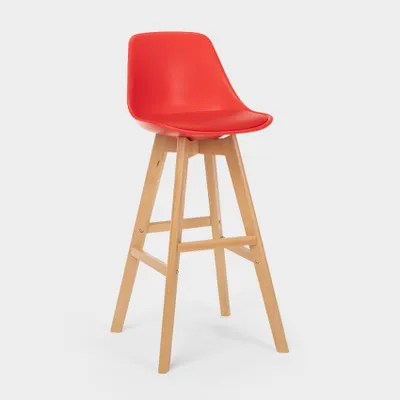 Image de Willis Wood Tabouret haut avec coussin, design scandinave pour le bar et la cuisine - Rouge