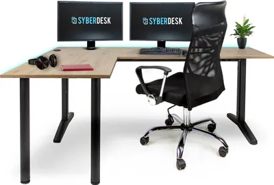 Obrázek produktu pro Herní rohový stůl SyberDesk V2 LED, 197 x 132 cm, RGB herní stůl ve tvaru L, USB HUB, kabeláž, počítačový stůl ve tvaru L, (levý, řemeslný dub)
