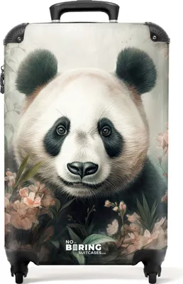 Produktbild von NoBoringSuitcases.com® Koffer Handgepäck Trolley Rollkoffer Kleine Reisekoffer mit 4 Rollen - Schwarzer und weißer Panda versteckt sich hinter rosa Blumen - Cabin Size < 55x40x23 cm & 55x40x20 cm - Fotokoffer - Kabinenkoffer - BoardgepäckHandgepäck Koffer 55x35x20 cm, 36L,