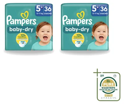 Zdjęcie produktu dla 2 opakowania pieluszek Pampers Baby-Dry, rozmiar 5+ (12-17 kg) - zestaw ekonomiczny - 2 sztuki