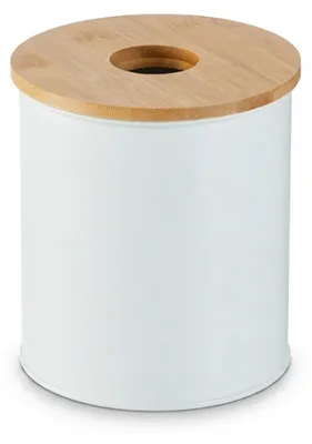 Productafbeelding van Relaxdays cosmetische prullenbak, 2 liter, bamboe deksel met gat, ronde badprullenbak, prullenbak voor badkamer en make-uptafel, wit