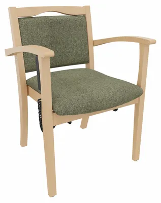 Produktbild von Seniorenstuhl Alexander mit Aufstehhilfe – Pflegestuhl mit Aufstehhilfe und Armlehnen – 47cm Sitzhöhe.Stoffbezug:Stoff Kariba Grün,Bodengleiter:Kunststoff Weiss