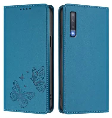 Produktbild von Lederhülle für Samsung Galaxy A7 2018, Schmetterling Prägung Leder Brieftasche Schutzhülle mit Ständer Blau