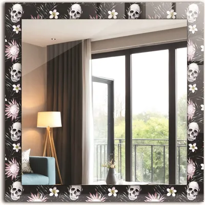 Produktbild von Dekorativer Wandspiegel - Bedruckter Spiegel - Motiv - 60x60 cm - Totenköpfe Und Blumen