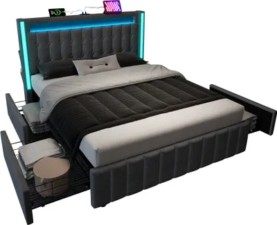 Zdjęcie produktu dla Łóżko tapicerowane 160x200 cm, kolor szary, obita tkaniną lnianą, z oświetleniem LED, 4 szufladami i funkcją ładowania USB-C, idealne do sypialni
