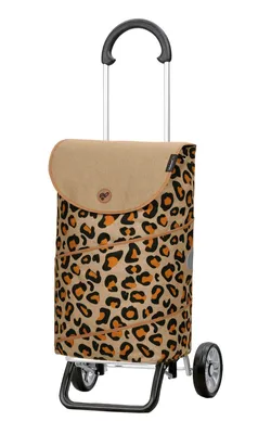 A shopping trolley with a leopard print bag is shown against a white background.