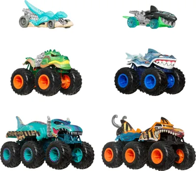 Produktbild von Hot Wheels Monster Trucks Sharks vs. Dinos Multipack mit 2 Big Rigs, 2 Spielzeugtrucks und 2 Spielzeugautos, Monstertruck, 3 Jahr(e), Kunststoff, Metall, Mehrfarbig