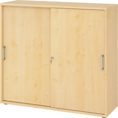 Produktbild von bümö Schiebetürenschrank office - 3 Ordnerhöhen - Nachbildung Ahorn, Griff: Chromgriff (Metall)