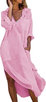 Produktbild von ASKSA Damen Elegant Kleider Einfarbig Lang Hemdkleid Midi Tunika Sommerkleider mit Taschen, Rosa, L