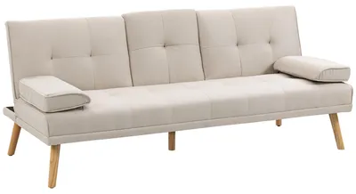 Produktbild von Schlafsofa 3-Sitzer, neigbare Rückenlehne mit Klapptisch, zwei Armpolster, Leinenoptik, beige, 181 x 77 x 78 cm