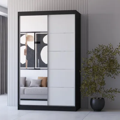 Produktbild von Kleiderschrank Schiebetürenschrank Schrank Schwebetürenschrank 120cm Schwarz/Weiß mit Spiegel Neomi 05