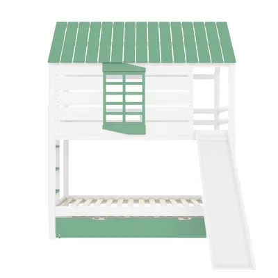 Produktbild von okwish Etagenbett in Hausform 90x200 Kinderbett mit Rutsche und Ausziehbett,Jugendbett und Dachform und Fenster,Ohne Matratze,Weiß+Grün