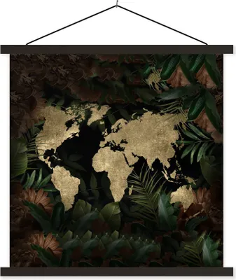 Produktbild von MuchoWow® Textilposter Weltkarte - Pflanzen - Retro 90x90 cm mit schwarzem Rahmen - Magnetisches