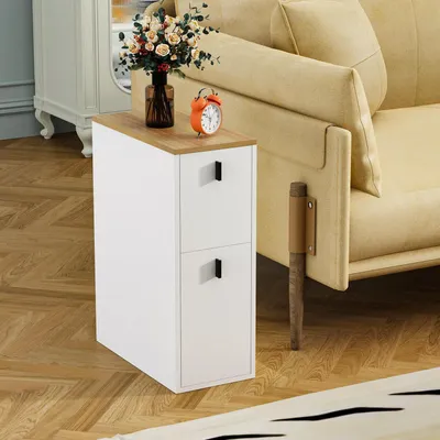 Image de Table de chevet étroite, 2 tiroirs, finition bois, dimensions 51x25x68 cm, lot de 2