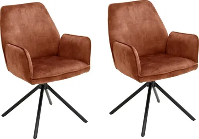 Two brown upholstered chairs with black metal bases are shown against a white background.