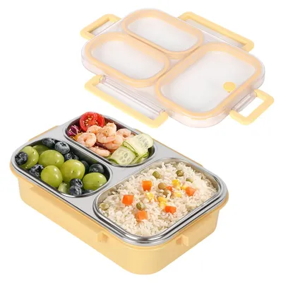 Produktbild von Lunchbox aus Edelstahl, 750 ml, auslaufsicher, mit 3 Fächern, umweltfreundlich und BPA-frei, Bento-Box, Sandwichbox, Snackbox, für Erwachsene und Kinder, spülmaschinenfest