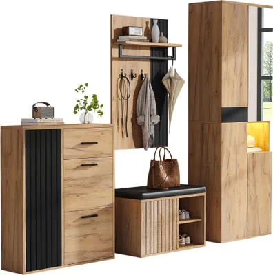 Produktbild von Merax Garderobenset 4-teilig, Kleiderschrank, Schuhschrank, Schuhbank & Wandgarderobe, Flurmöbel, 215×36×190 cm, Naturholzfarbe+Schwarz