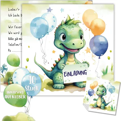 Dino Einladung Kindergeburtstag Junge | XXL Dinosaurier Einladungskarten Geburtstag 15 x 15 cm | 10er Set mit Stickern | Geburtstagseinladungen Jungen