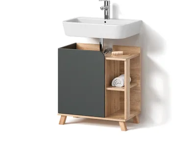 A bathroom vanity with a sink and faucet, set against a white background.