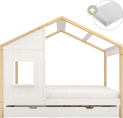 Image de Sunny Beau Lit Cabane Avec Tiroir De Rangement, En Bois, Marron/Blanc | Pour Enfants - Matelas Hybride 90X200 Inclus - Montessori | Dimensions