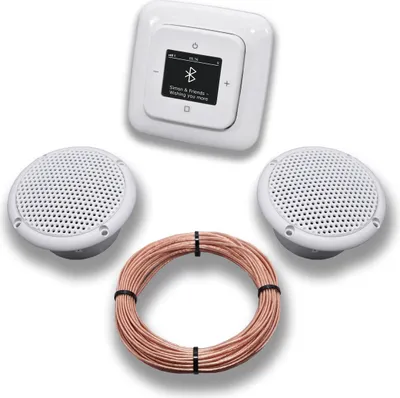 Produktbild von Busch Jäger DAB+ Bluetooth Unterputz Unterputzradio DAB BT 8217 U – 101 alpinweiß Komplettset Reflex SI + 2 x Deckenlautsprecher Feuchtraum Badezimmer + 20 Meter Lautsprecherkabel 2x0,75 mm² 8217U-101