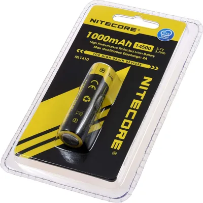 A Nitecore 14500 battery is displayed in its retail packaging.