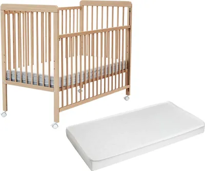 Produktbild von AT4 - Babybett Holz mit Matratze 60x120 ESSENTIEL Buche Lackierte |Kinderbett | Mit 4 rollen | Mit Verstellbarer Lattenrost 3 stufen