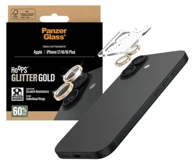 Image de Verre trempé pour iPhone 17 / 16 Plus / 16, PanzerGlass Hoops Glitter Gold Camera Lens Protector, transparent et or