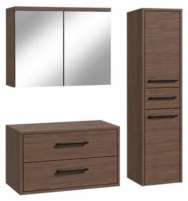 Produktbild von Badplaats Waschtischunterschrank-Set Florence 80 x 46 cm - Walnuss Braun - mit Spiegelschrank und Hochschrank