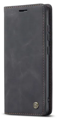 A close-up, angled view of a dark gray flip-style phone case with brown stitching and a small metallic logo on the bottom right.