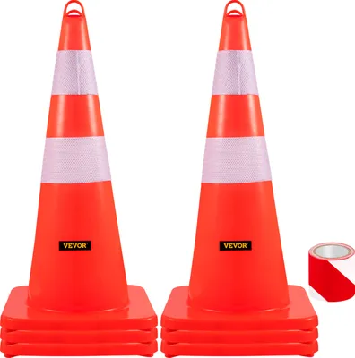 Immagine prodotto di Cono di sicurezza VEVOR, cono da traffico da 6 x 28 pollici, cono da costruzione in PVC arancione, 2 collari riflettenti, cono da traffico con base ponderata e anello per le mani, utilizzato per il controllo del traffico, il parcheggio su strada