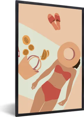 Produktbild von MuchoWow® MuchoWow® Gerahmtes Poster Frauen - Hut - Pantoffeln - Strand 40x60 cm - Poster mit zchwarzem Bilderrahmen - Papierdruck - Wandbilder