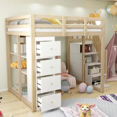 Produktbild von Kinderbett Etagenbett 140x200 Kiefernholz mit Schubladen & Treppe