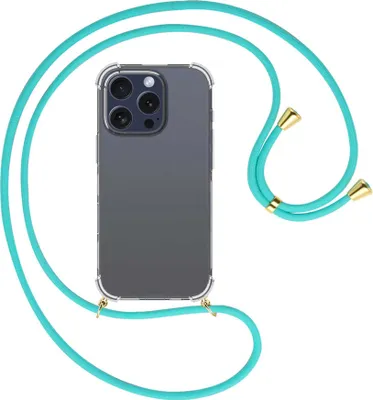 Produktbild von Handykette Backcover-Schutzhülle mit Band (Metall goldfarben) für iPhone 16 Pro - türkis