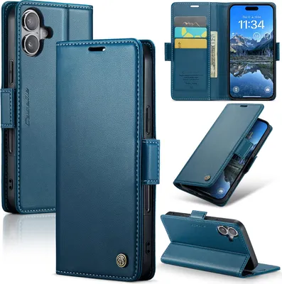 Produktbild von Lederhülle für iPhone 17 Brieftasche Kartenfach Schutzhülle mit Standfunktion Blau